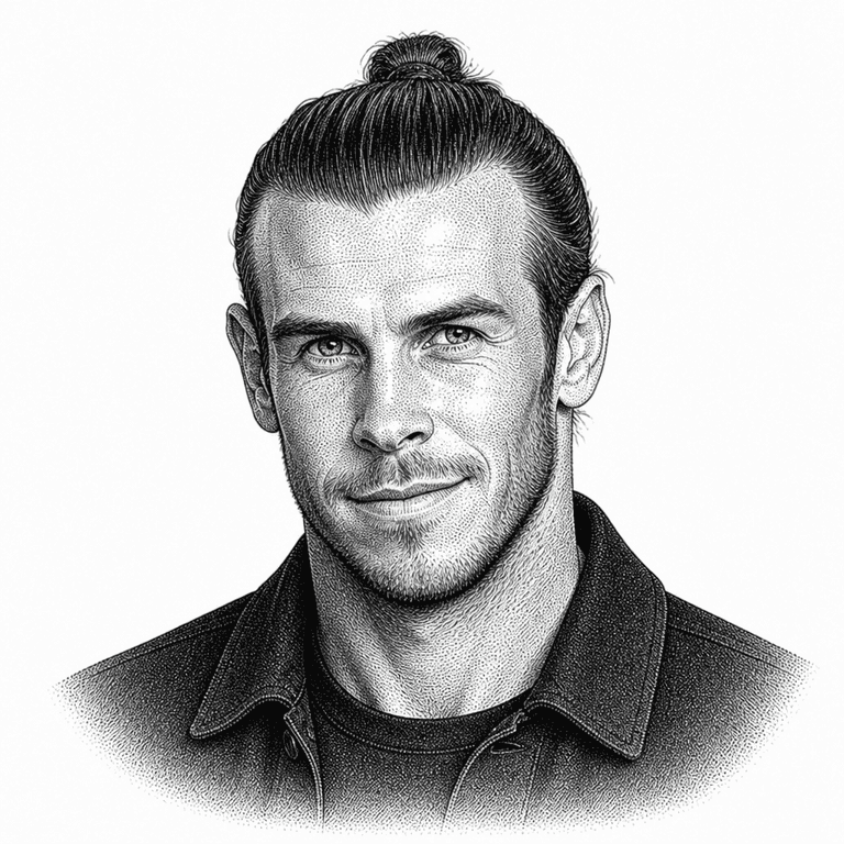 Black and white stipple portrait of Gareth Bale.