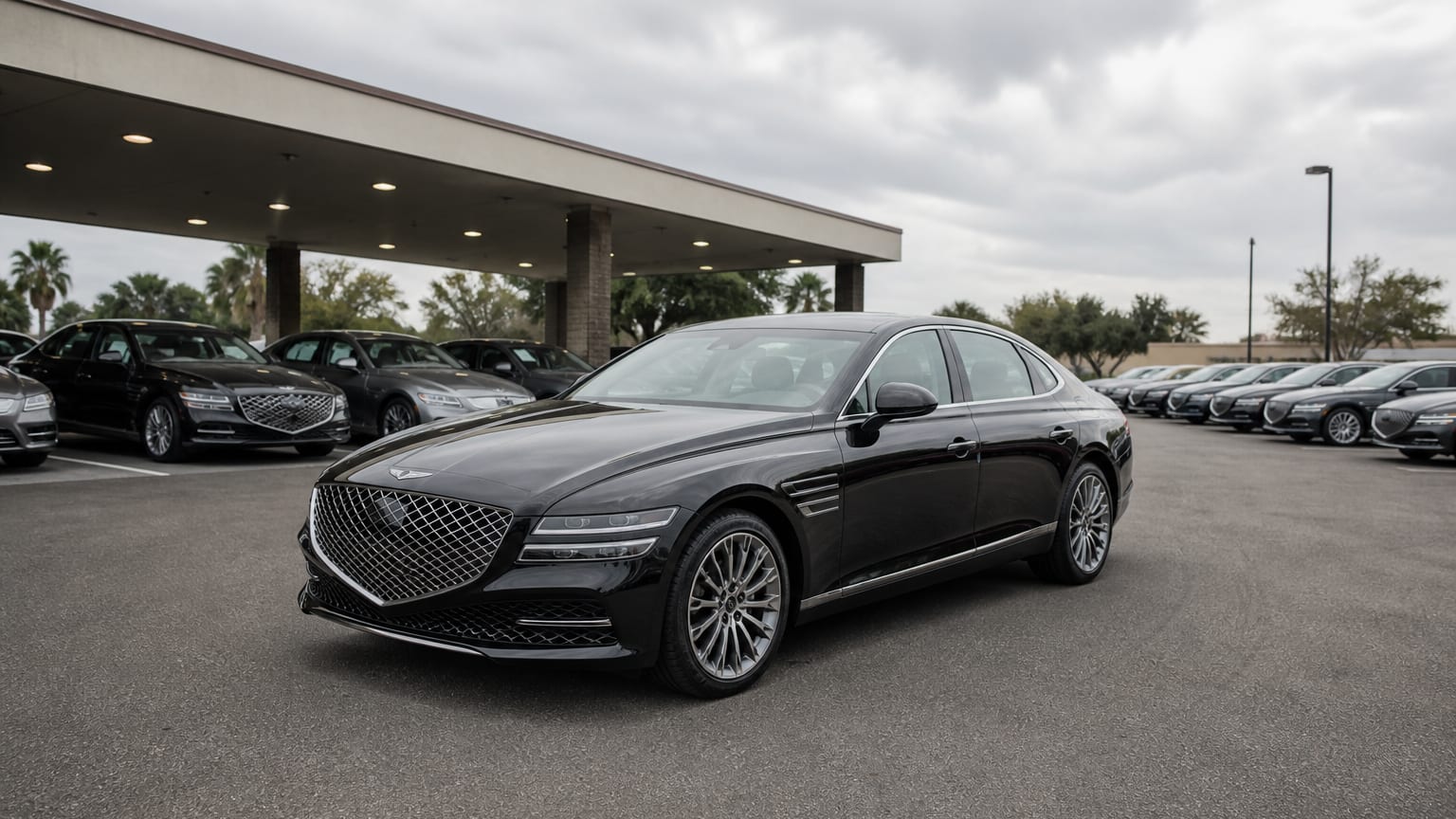 A higher-risk Genesis G80 model year parked in a dealership lot.