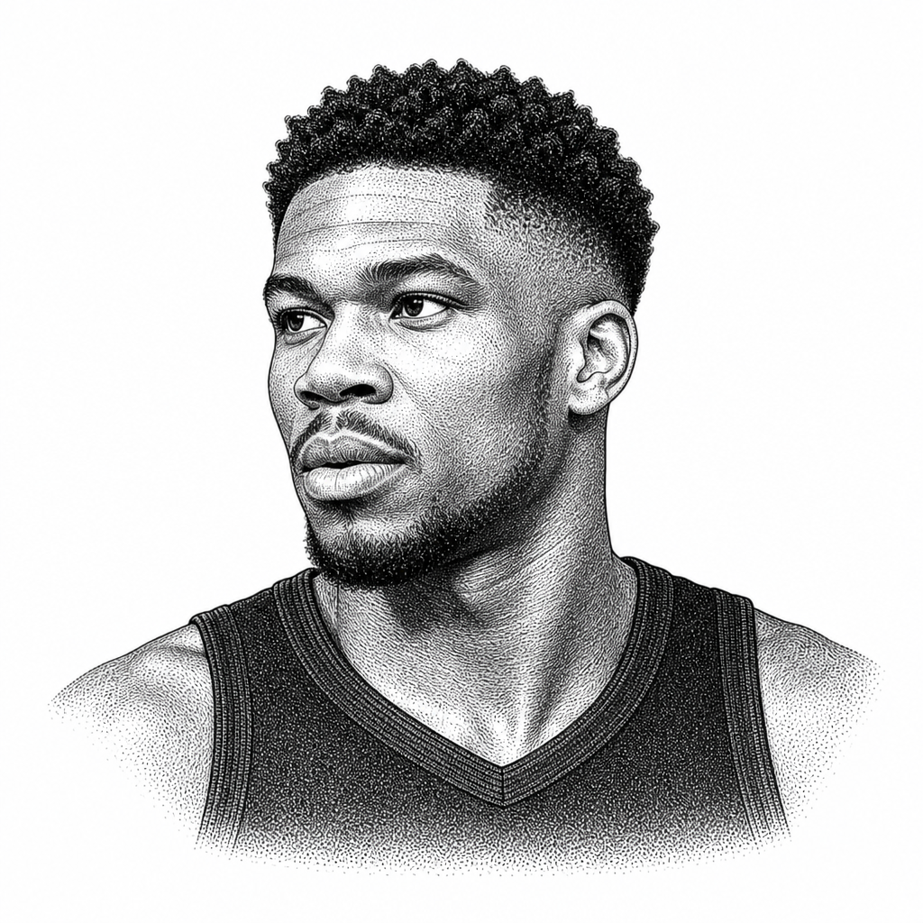 Black and white stipple portrait of Giannis Antetokounmpo.