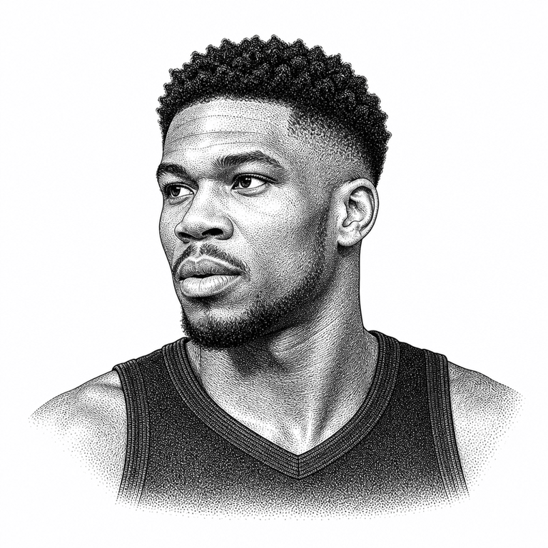 Black and white stipple portrait of Giannis Antetokounmpo.
