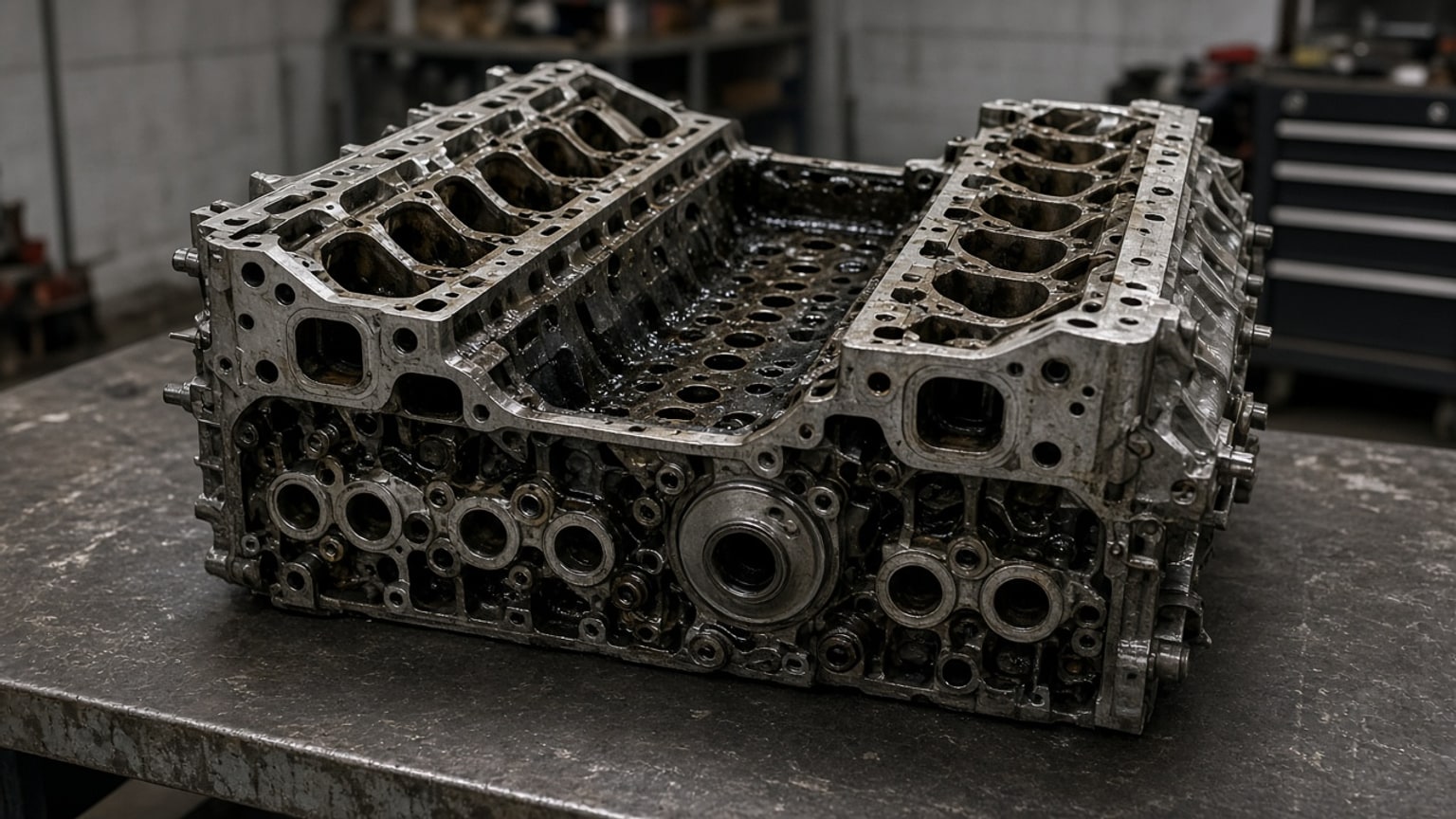 A bare V8 engine block on a workbench in a repair shop.