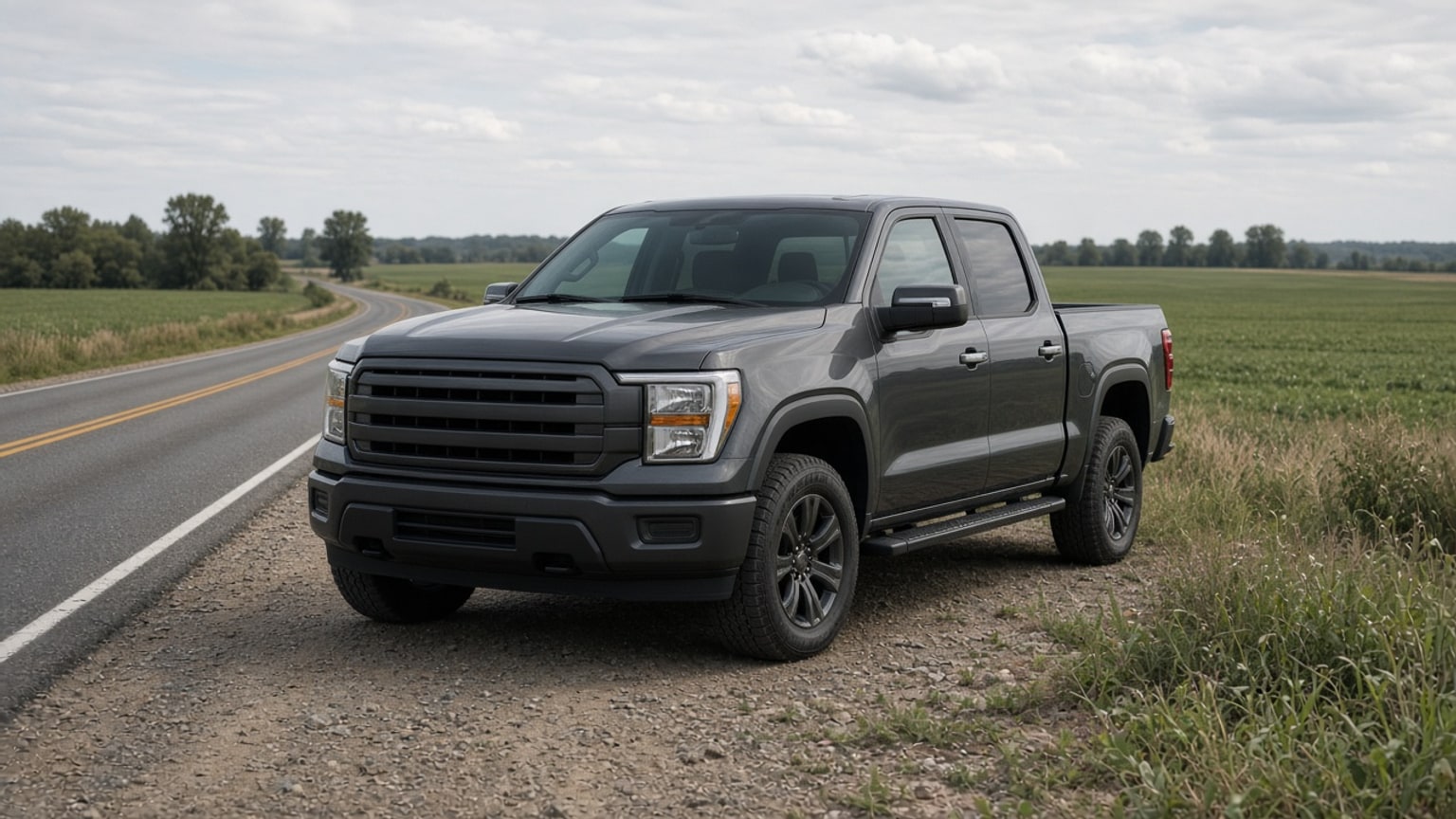 A full-size pickup truck parked beside a rural road.