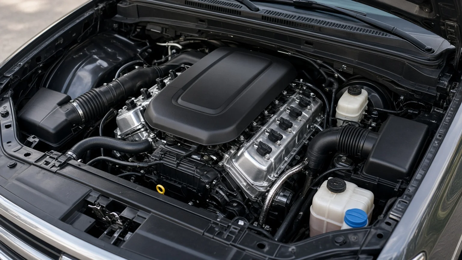 A V8 gasoline engine in the engine bay of a full-size pickup truck.