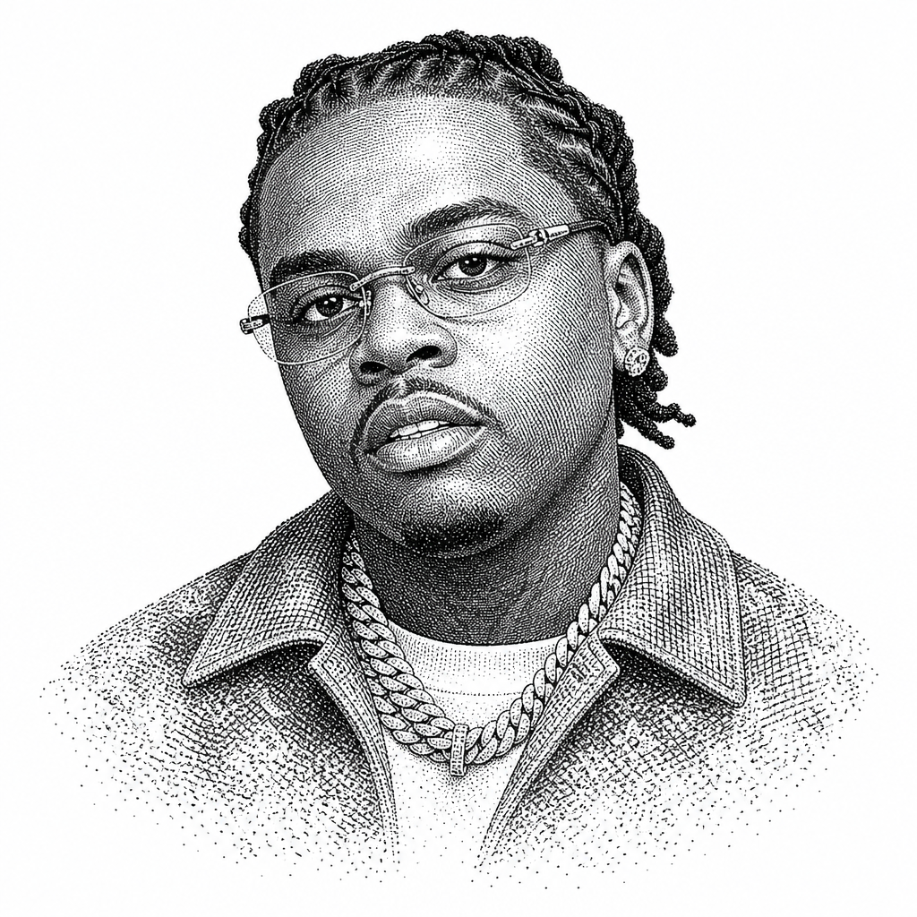 Black and white stipple portrait of Gunna.