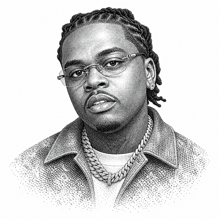 Black and white stipple portrait of Gunna.