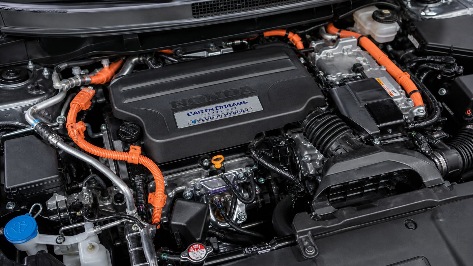 Close-up of a Honda Clarity plug-in hybrid engine bay with orange high-voltage cables.