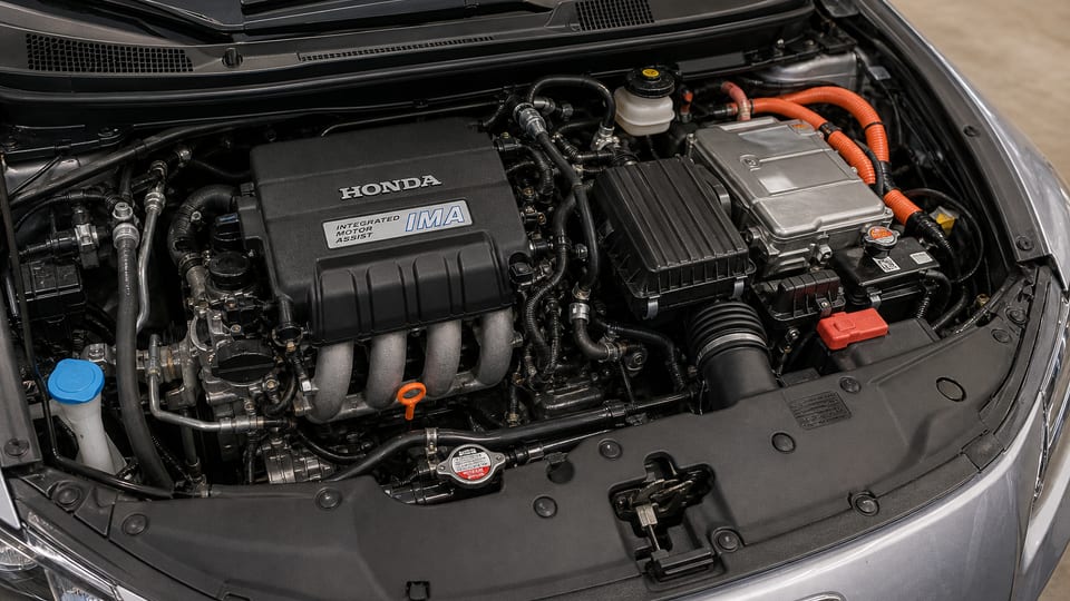 Close-up of a Honda CR-Z IMA hybrid engine bay under the open hood.
