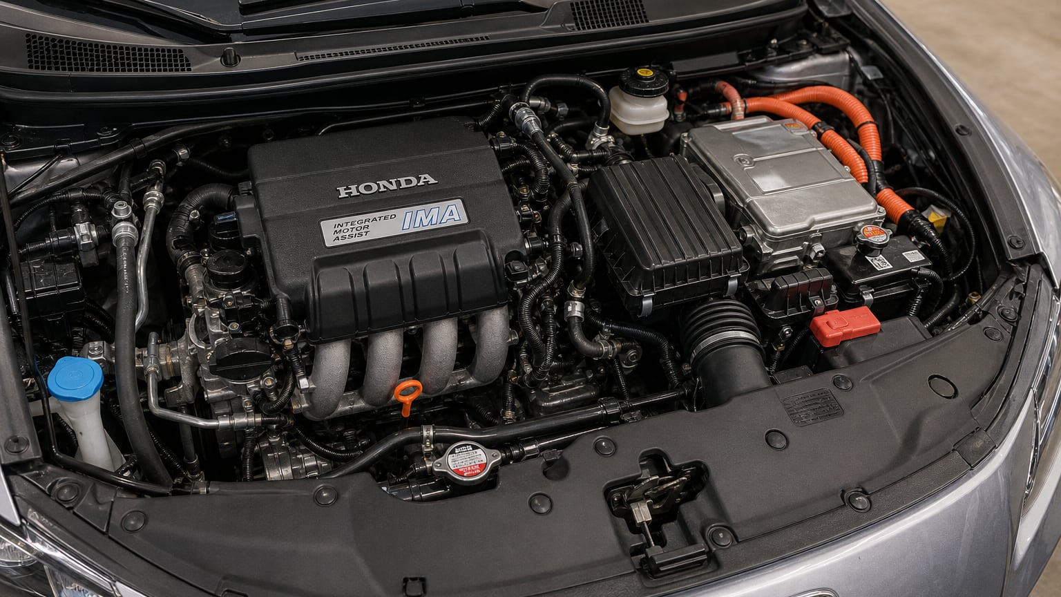 Close-up of a Honda CR-Z IMA hybrid engine bay under the open hood.