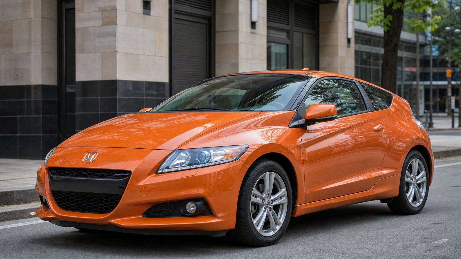 An orange Honda CR-Z hybrid sport coupe parked on a city street.