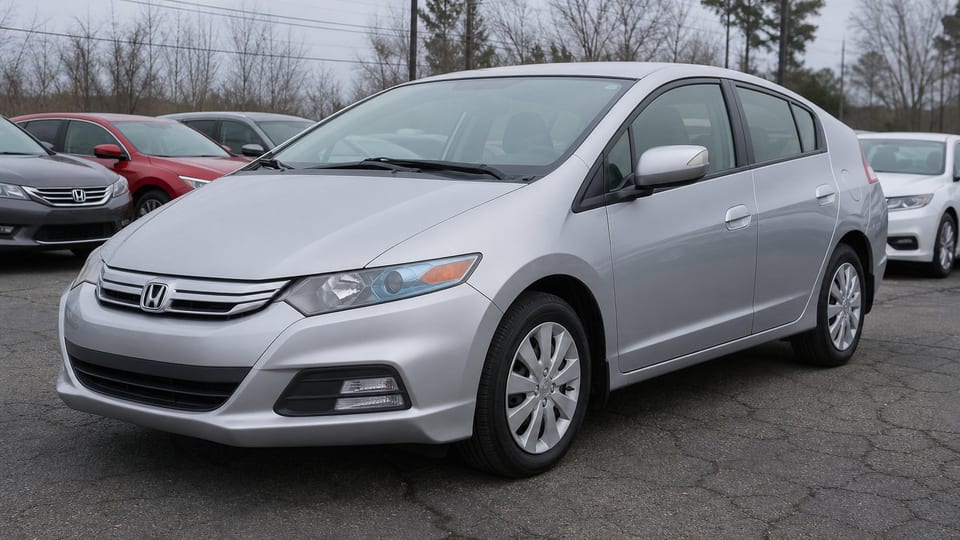 A silver second-generation Honda Insight hybrid hatchback parked outdoors on asphalt.