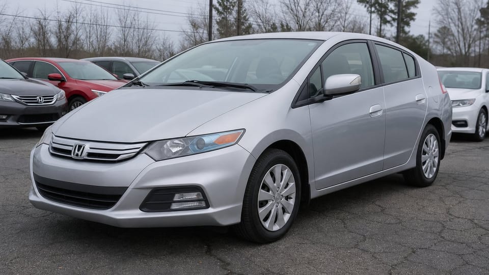 A silver second-generation Honda Insight hybrid hatchback parked outdoors on asphalt.