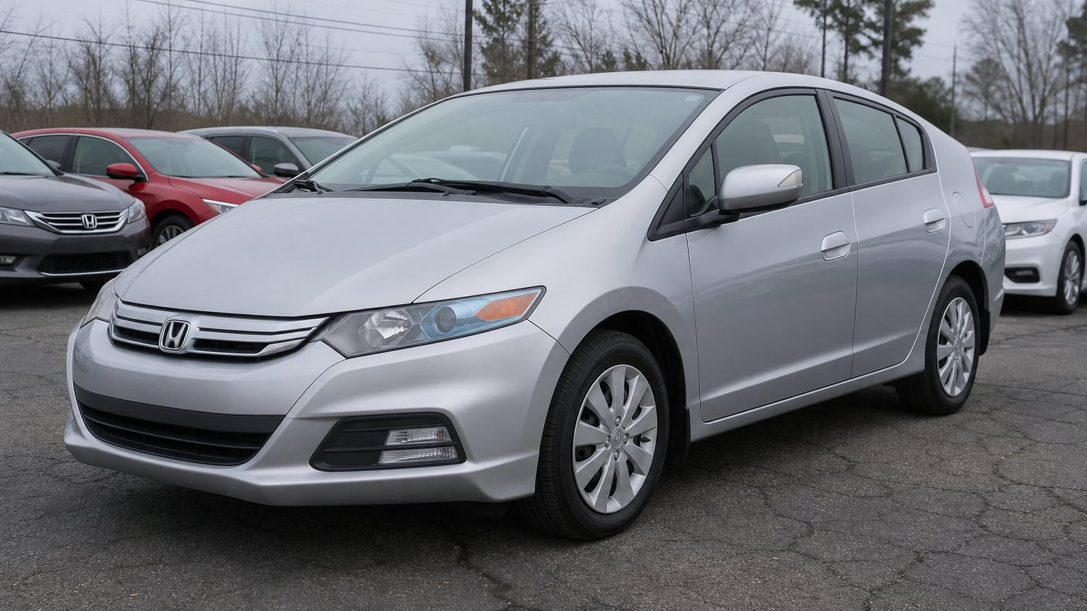 A silver second-generation Honda Insight hybrid hatchback parked outdoors on asphalt.