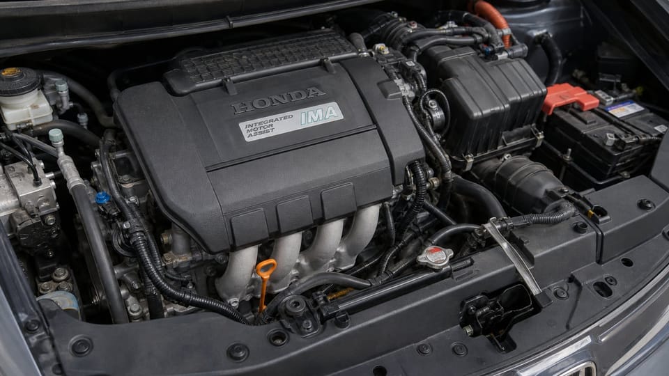 Close-up of a Honda Insight hybrid engine bay with the Integrated Motor Assist IMA cover and oil dipstick visible.