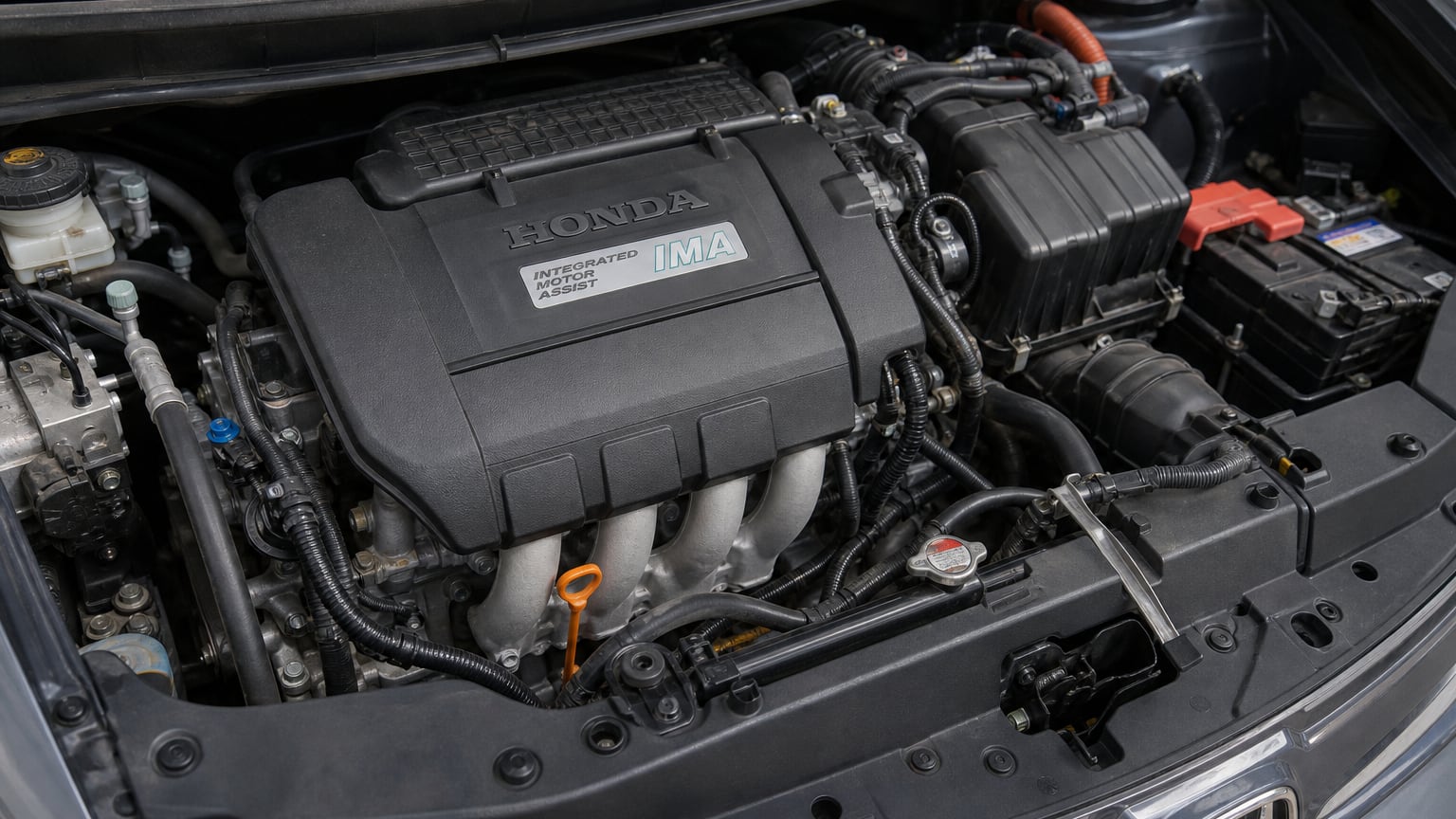 Close-up of a Honda Insight hybrid engine bay with the Integrated Motor Assist IMA cover and oil dipstick visible.