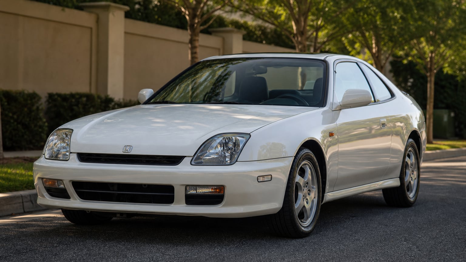 A white late fifth-generation Honda Prelude coupe parked on a quiet street.