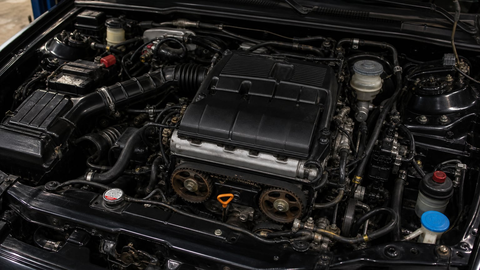 Close-up of a Honda Prelude engine bay with the oil dipstick visible under the open hood.