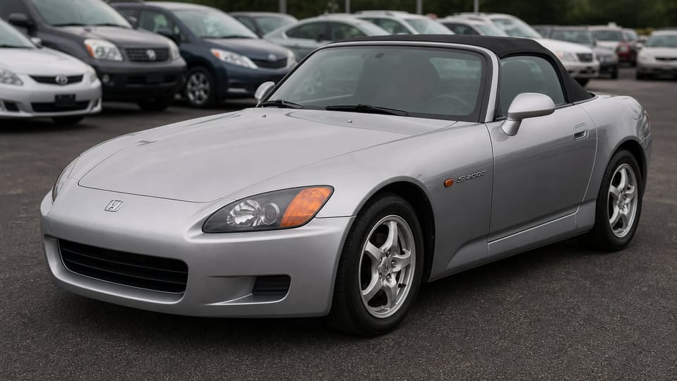 A silver early Honda S2000 AP1 roadster with the soft top up parked in a lot.