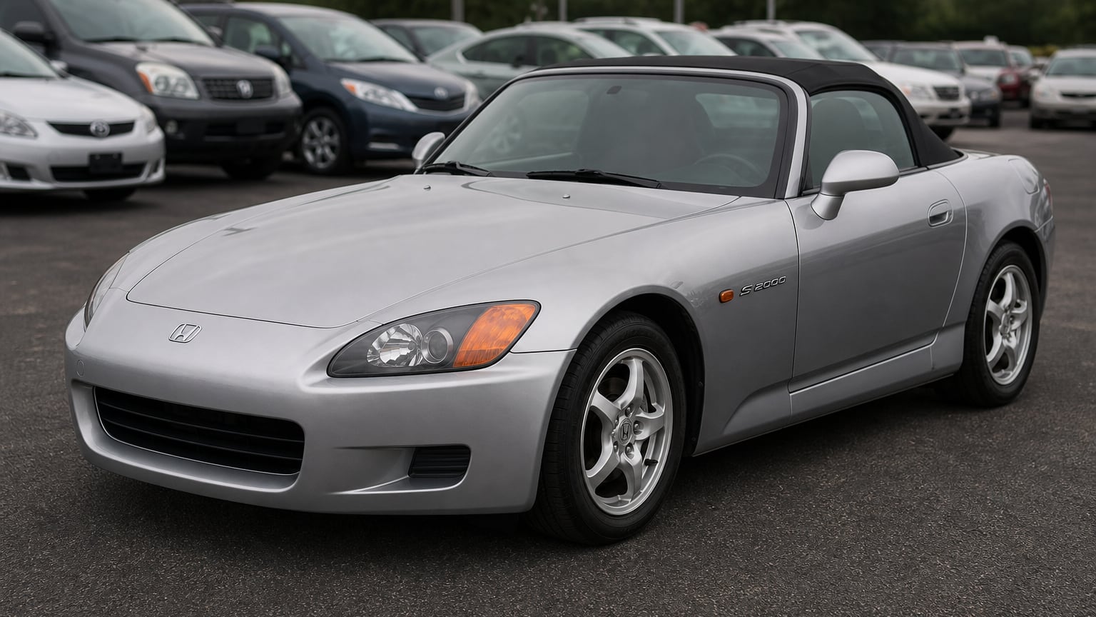 A silver early Honda S2000 AP1 roadster with the soft top up parked in a lot.