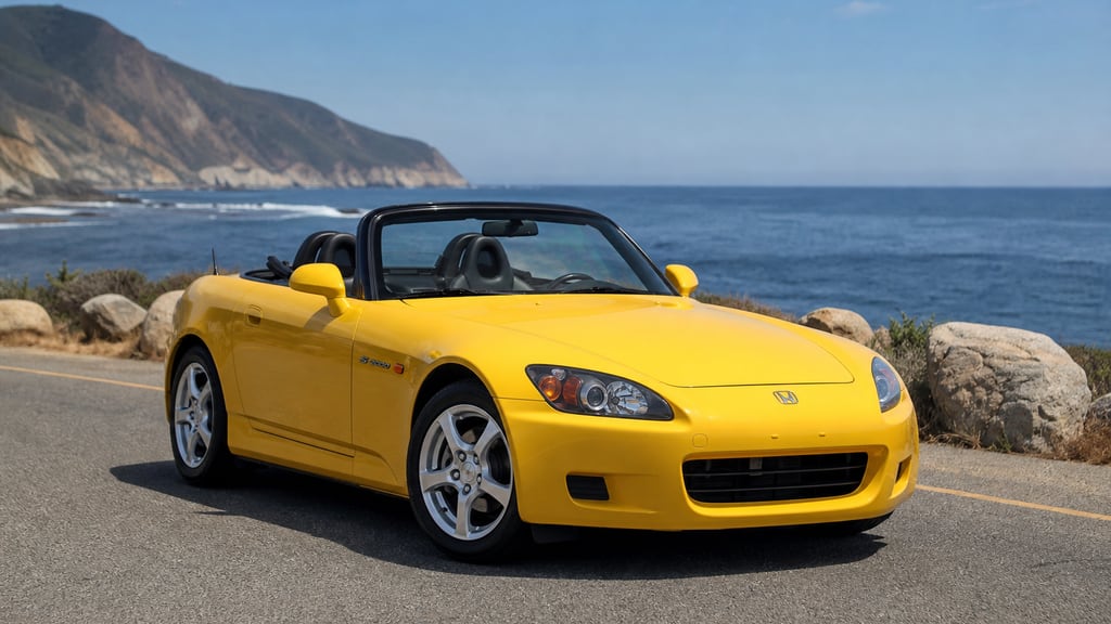 A yellow Honda S2000 roadster with the soft top down parked on a coastal road.