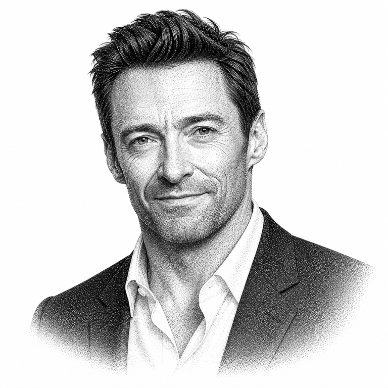 Black and white stipple portrait of Hugh Jackman.