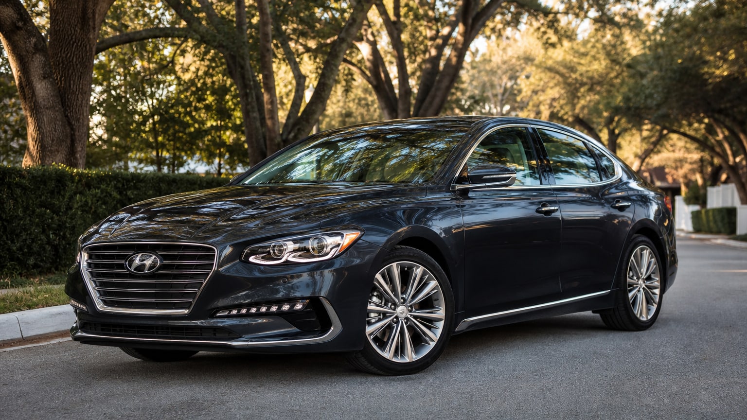A dark gray 2017 Hyundai Azera Limited parked on a quiet street.