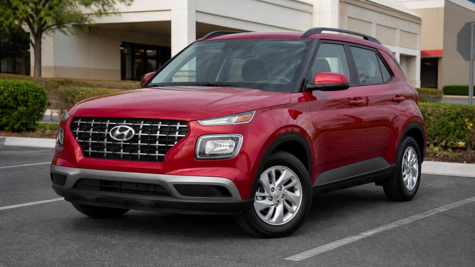 A gray 2020 Hyundai Venue SE parked in a shopping center lot.