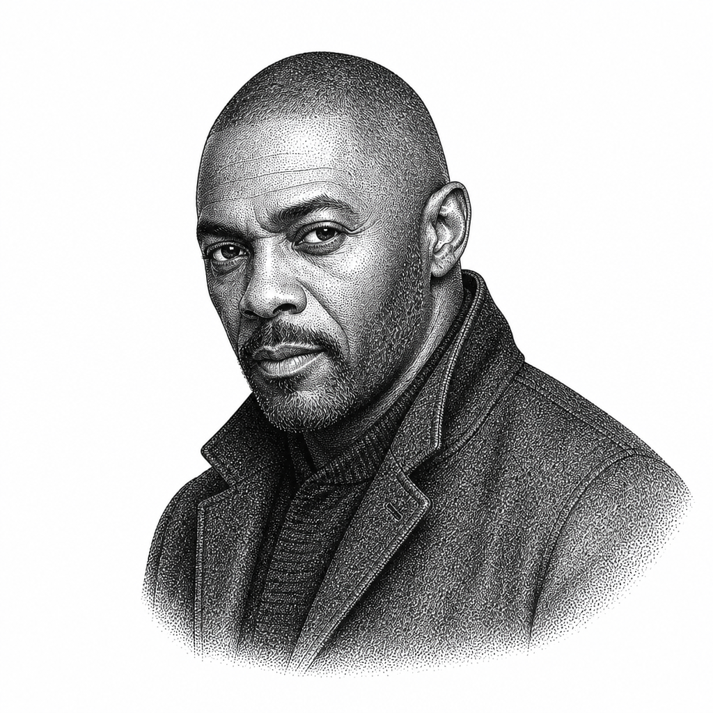 Black and white stipple portrait of Idris Elba.