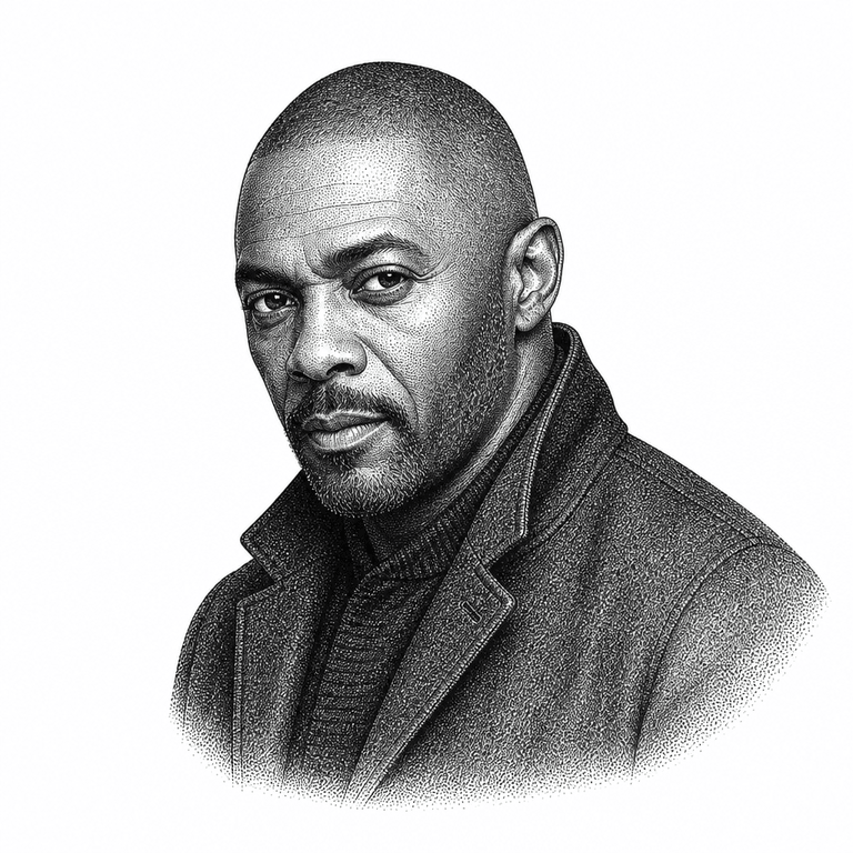 Black and white stipple portrait of Idris Elba.