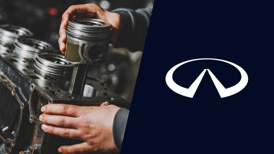 An infiniti logo with a man working on a car engine.|A white tesla car with blue numbers on the hood.