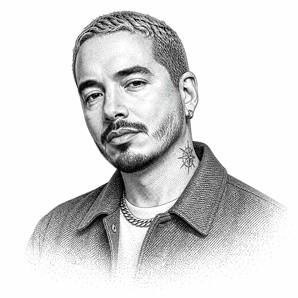 Black and white stipple portrait of J Balvin.