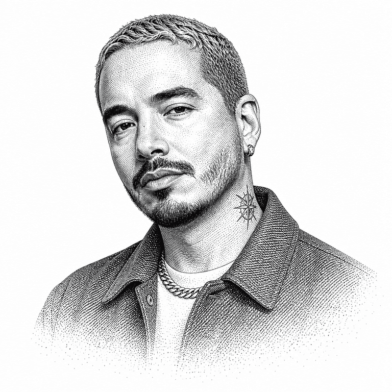 Black and white stipple portrait of J Balvin.