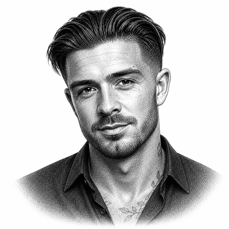 Black and white stipple portrait of Jack Grealish.