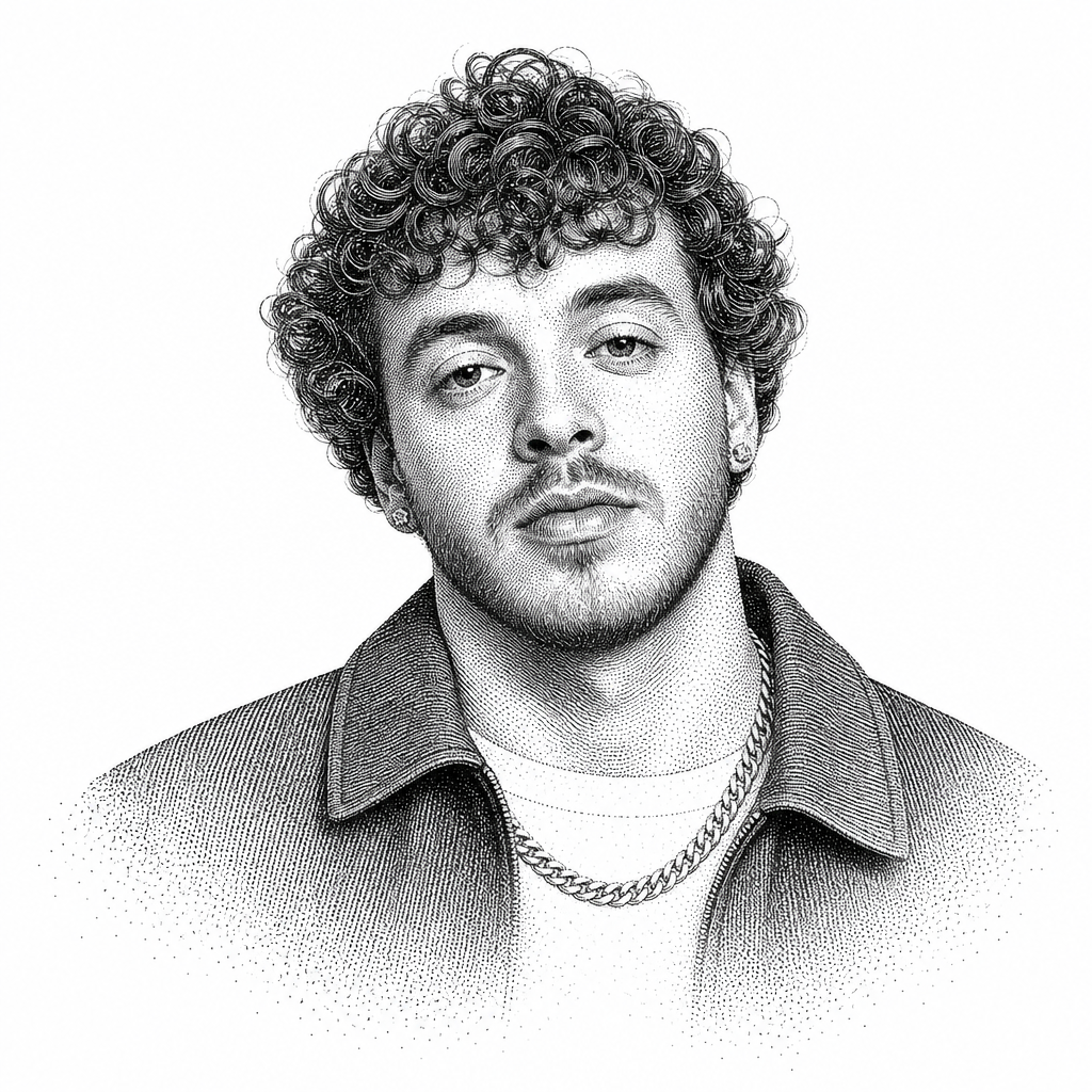 Black and white stipple portrait of Jack Harlow.