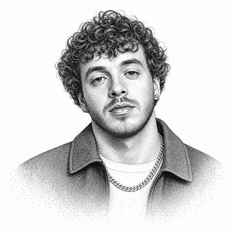 Black and white stipple portrait of Jack Harlow.