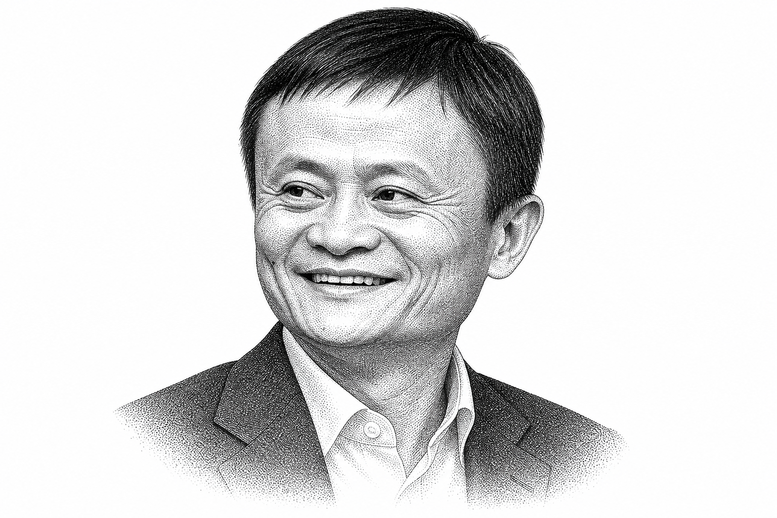Black and white stipple portrait of Jack Ma.