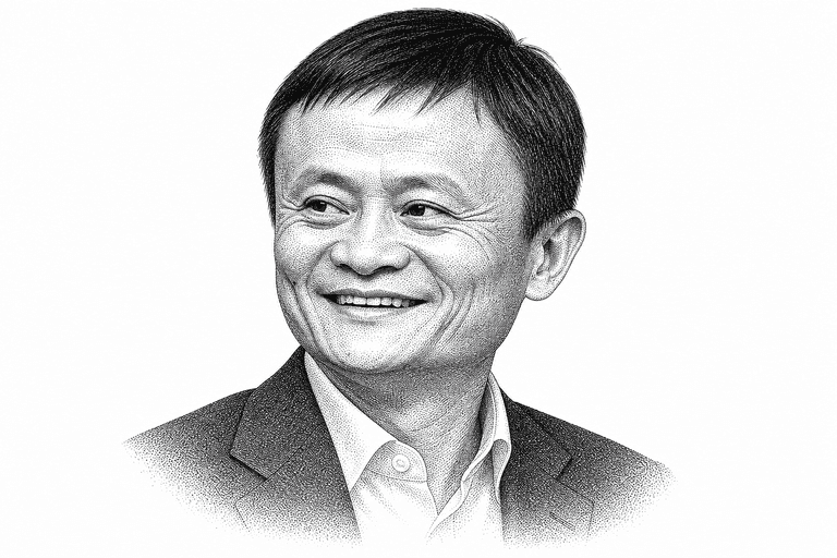 Black and white stipple portrait of Jack Ma.