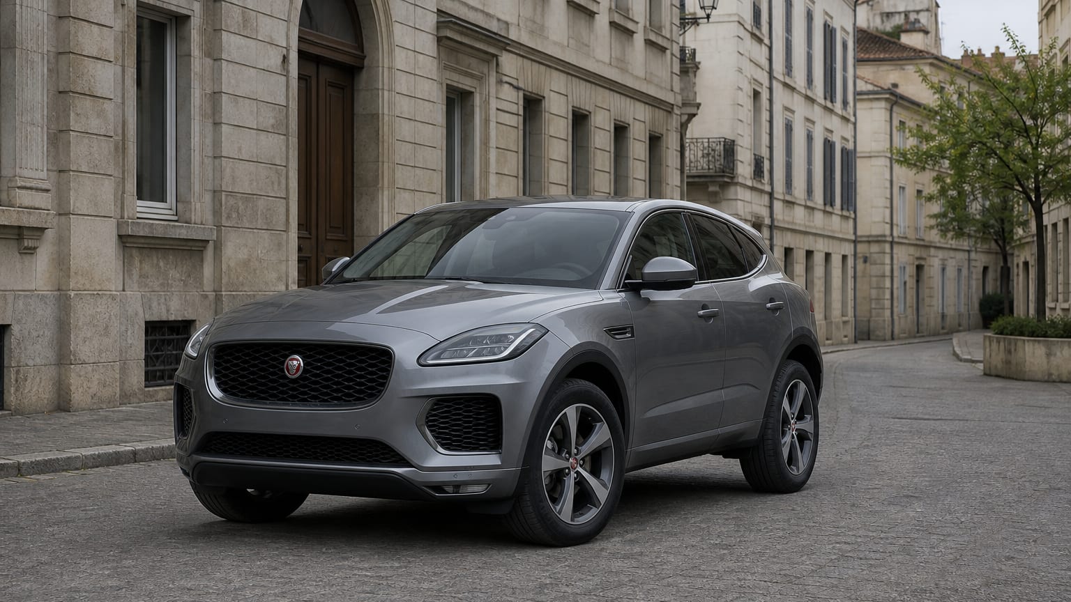 A cleaner later-model Jaguar E-Pace on a quiet road.