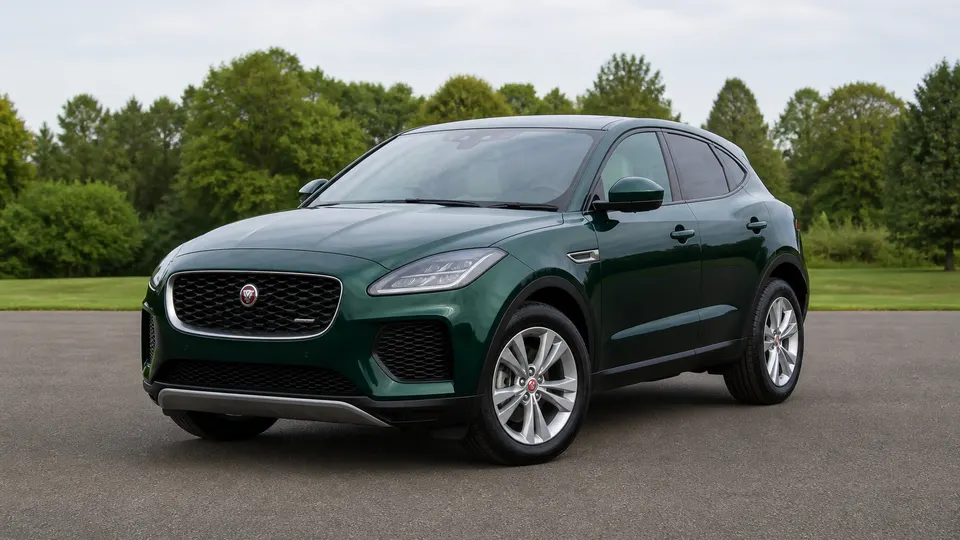 A Jaguar E-Pace crossover, three-quarter front view, parked outdoors.