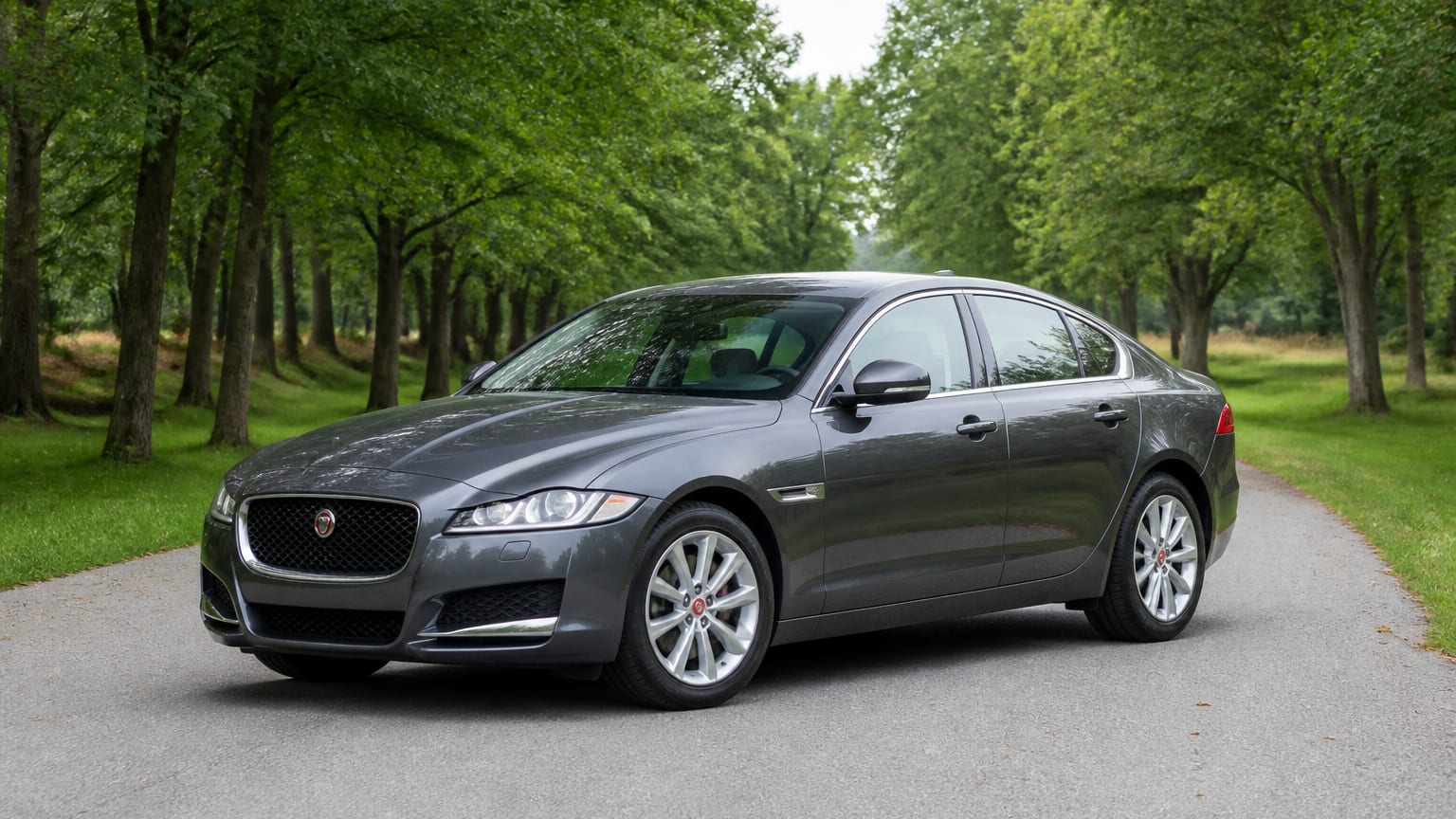 A cleaner later-model Jaguar XF on a quiet road.