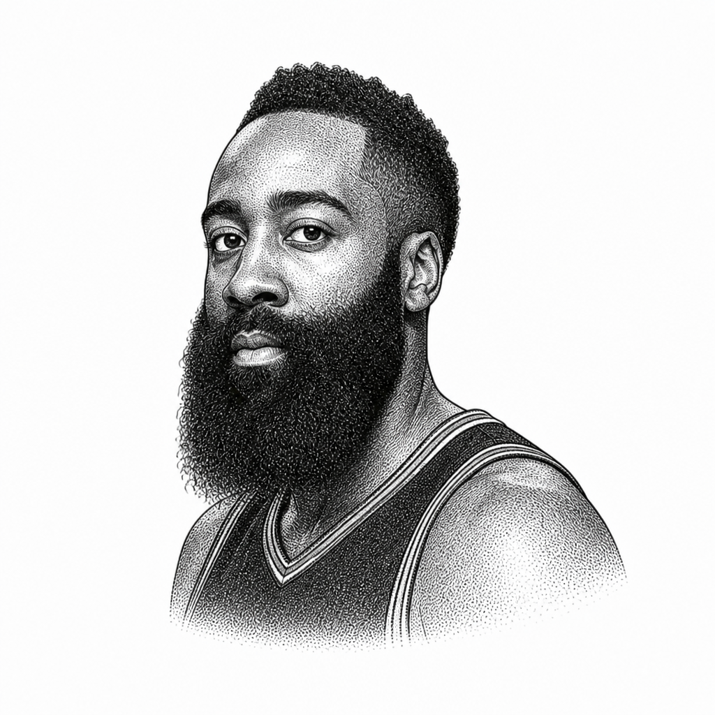 Black and white stipple portrait of James Harden.