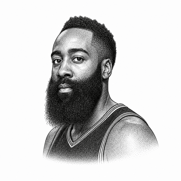 Black and white stipple portrait of James Harden.