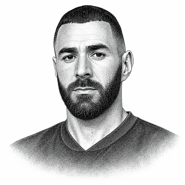 Black and white stipple portrait of Karim Benzema.