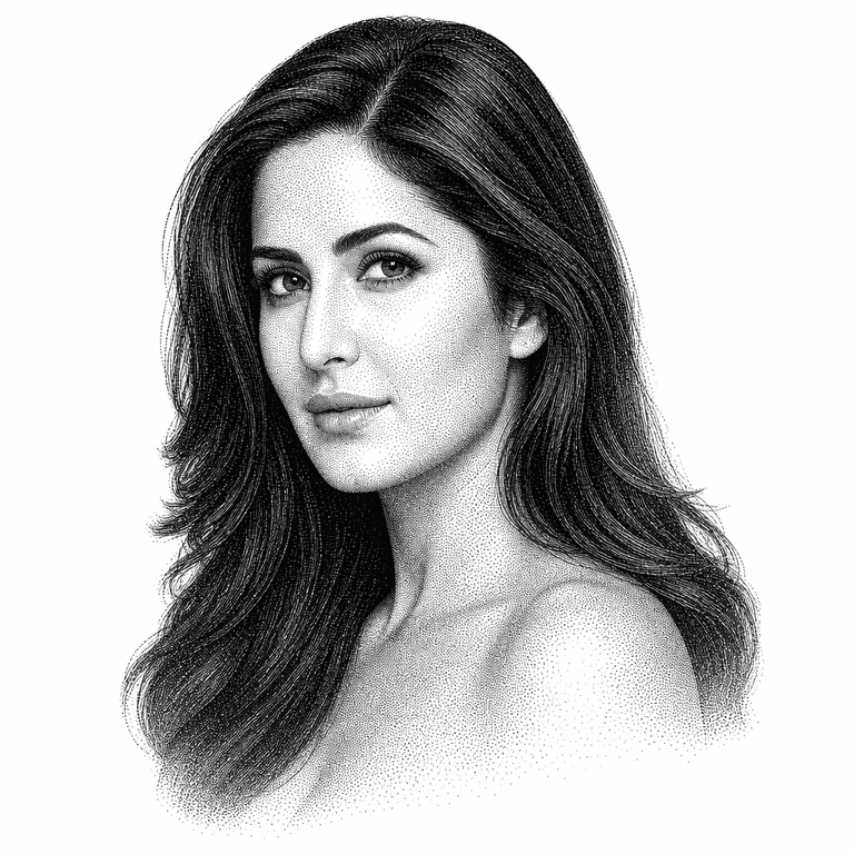 Black and white stipple portrait of Katrina Kaif.