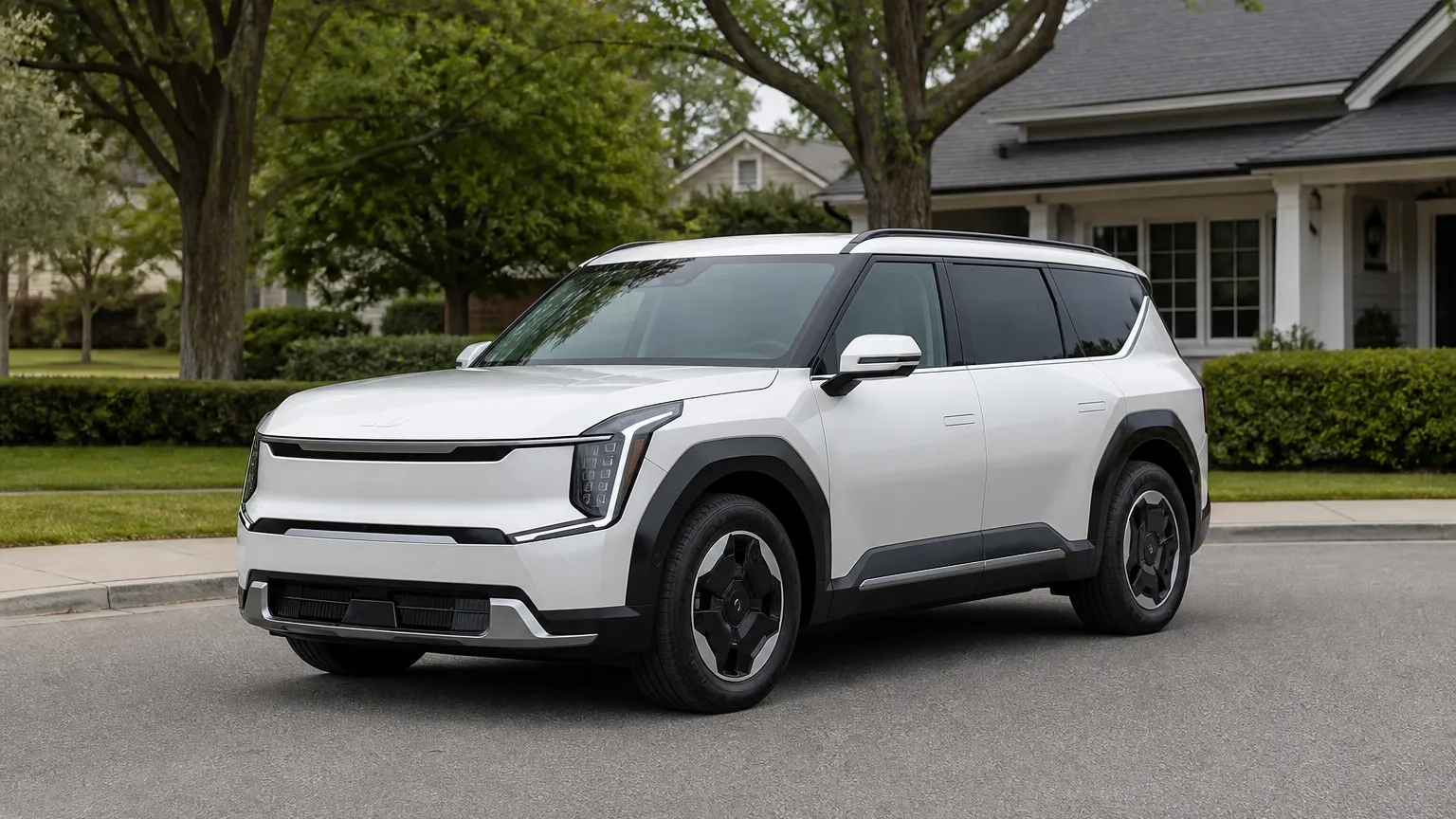 A Kia EV9 three-row electric SUV, three-quarter front view, parked on a quiet suburban street.