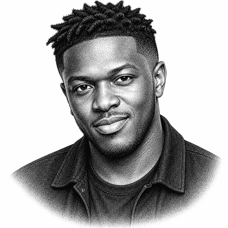 Black and white stipple portrait of KSI.