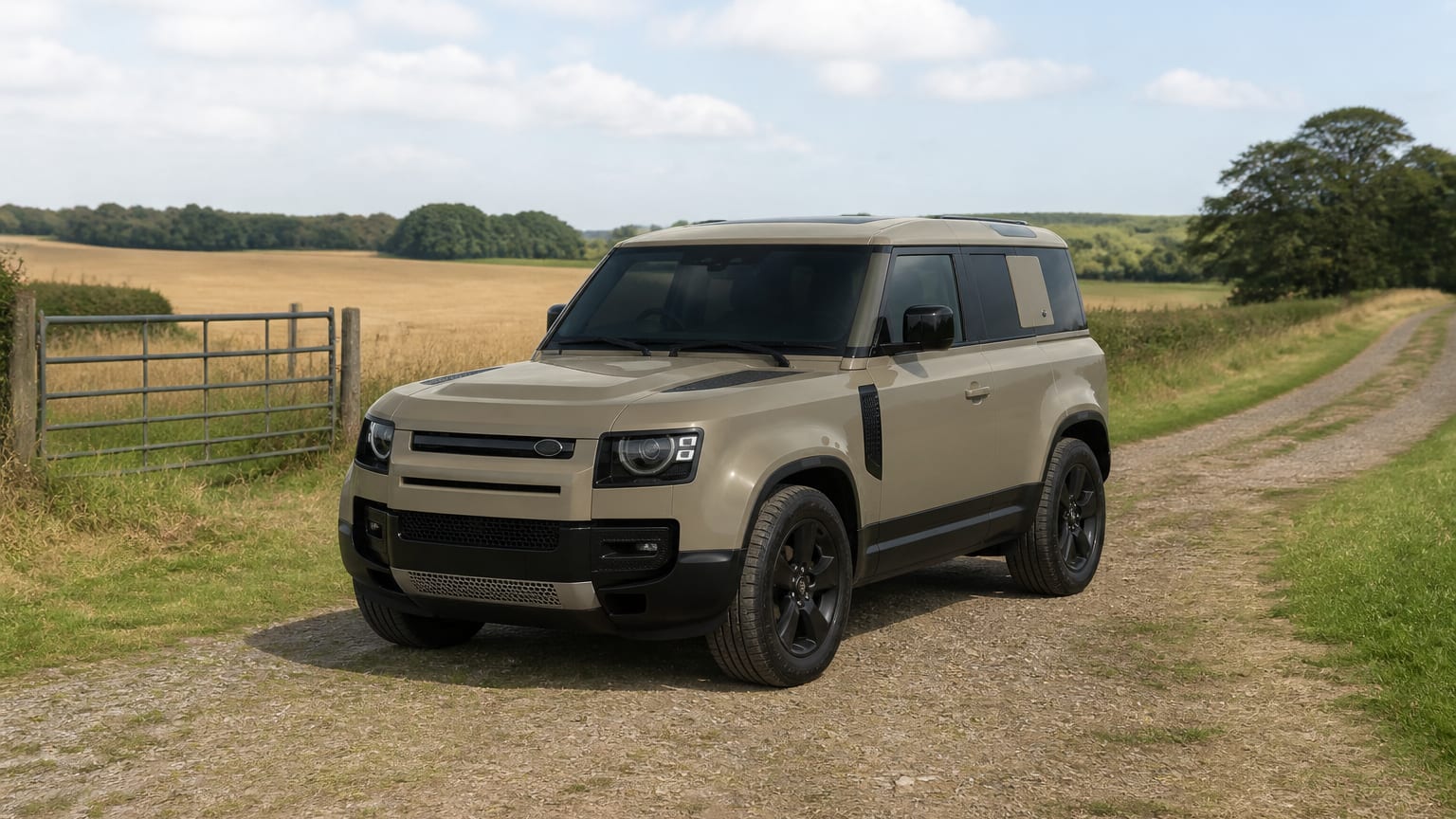 A cleaner later-model Land Rover Defender on a quiet road.