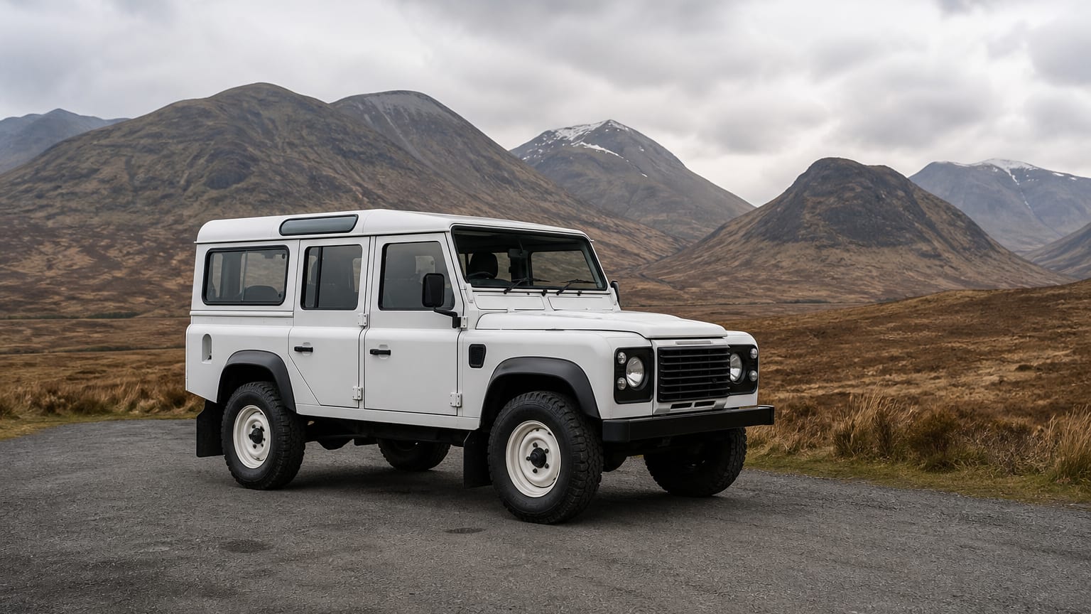 A Land Rover Defender parked outdoors, three-quarter front view.