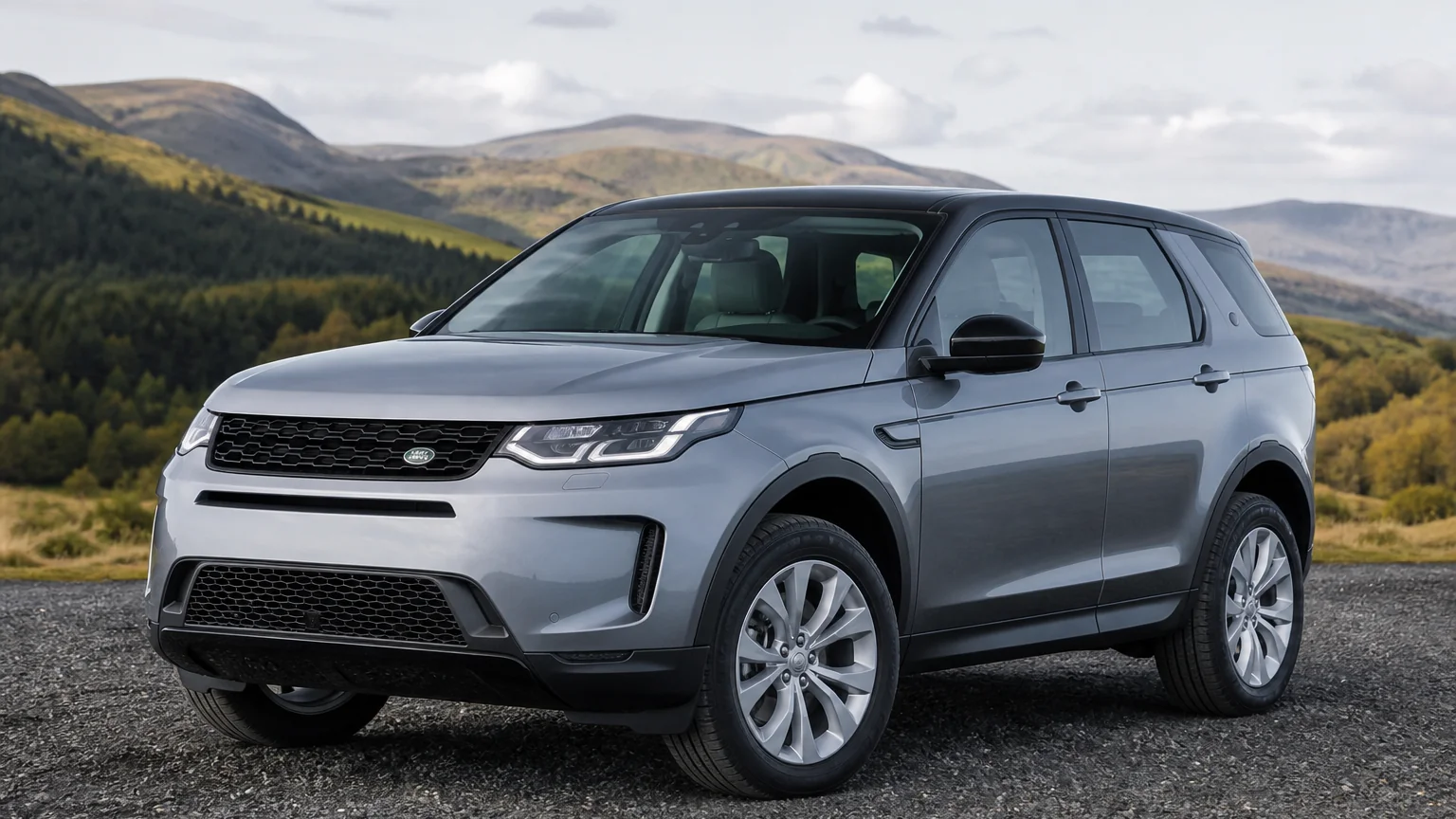 A Land Rover Discovery Sport compact three-row SUV, three-quarter front view, parked on a quiet street.
