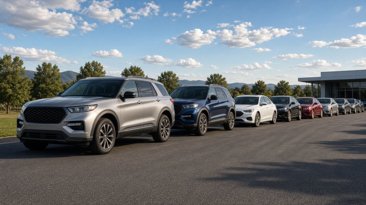 Row of popular SUVs and sedans in a dealership lot on a sunny afternoon, photographed from a wide angle.