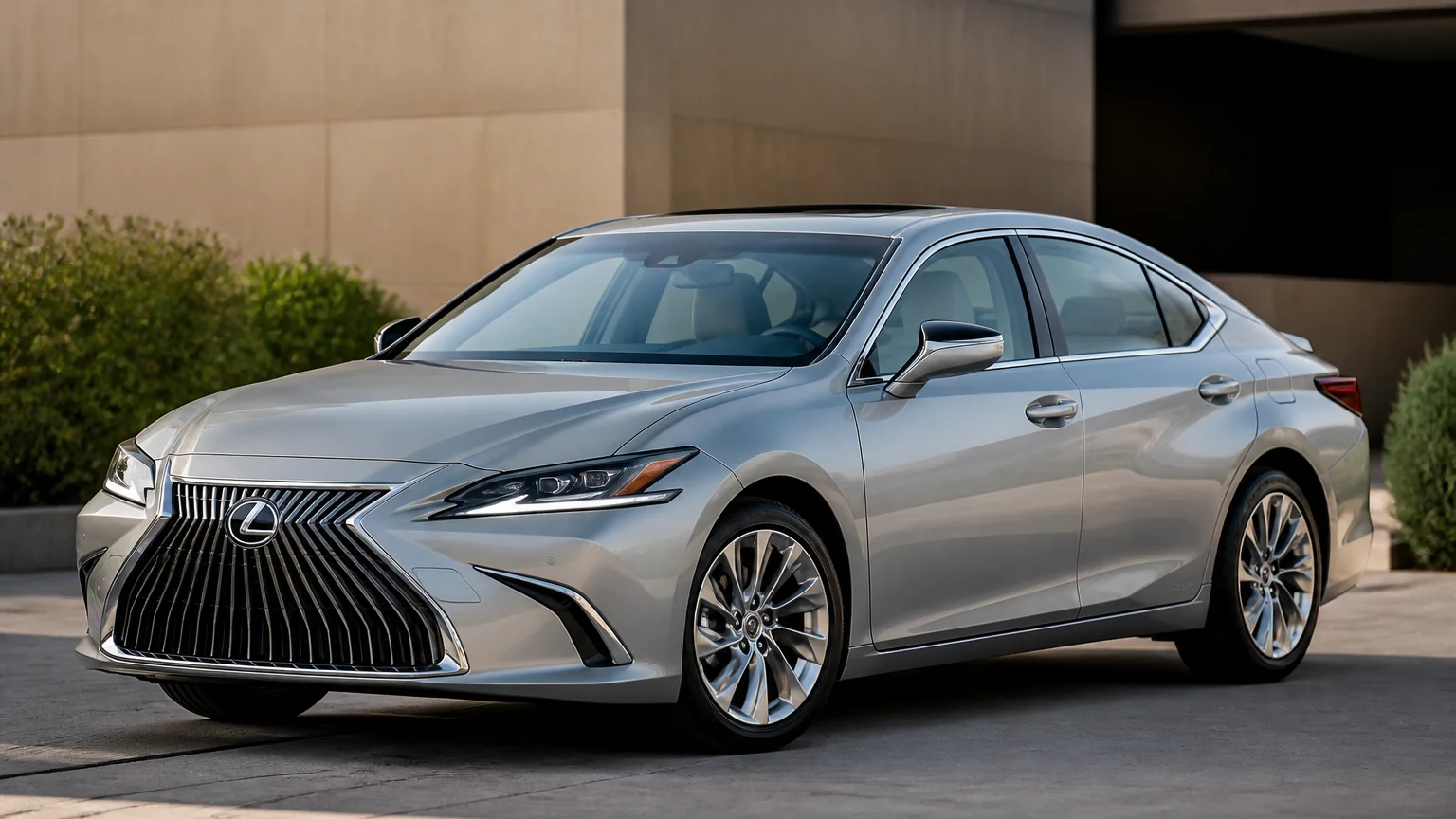 A Lexus ES 250 midsize sedan, three-quarter front view, parked on a quiet street.